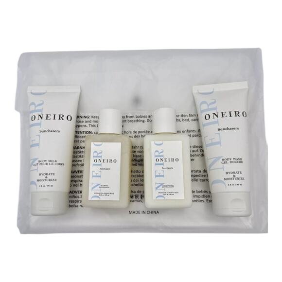Oneiro NIP Sunchasers Travel Set Body Milk Body Wash Shampoo Conditioner + Bag - Picture 2 of 16